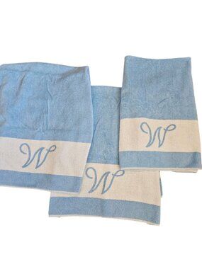 VTG Martex Light Blue White Bath Towels Set Of 3 Monogram W USA Made Reversible